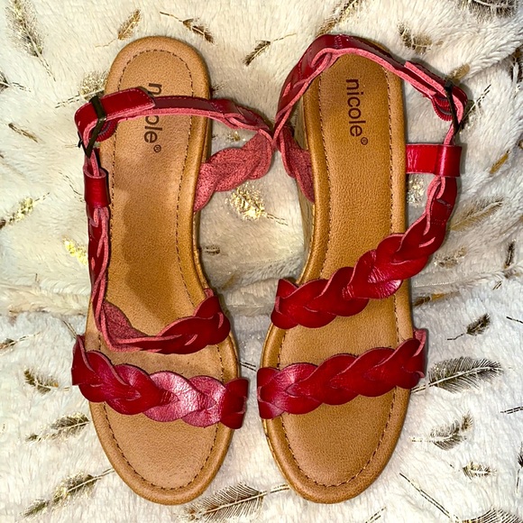 Nicole Braided Red Platform Heel Cork Sandals - Picture 5 of 13